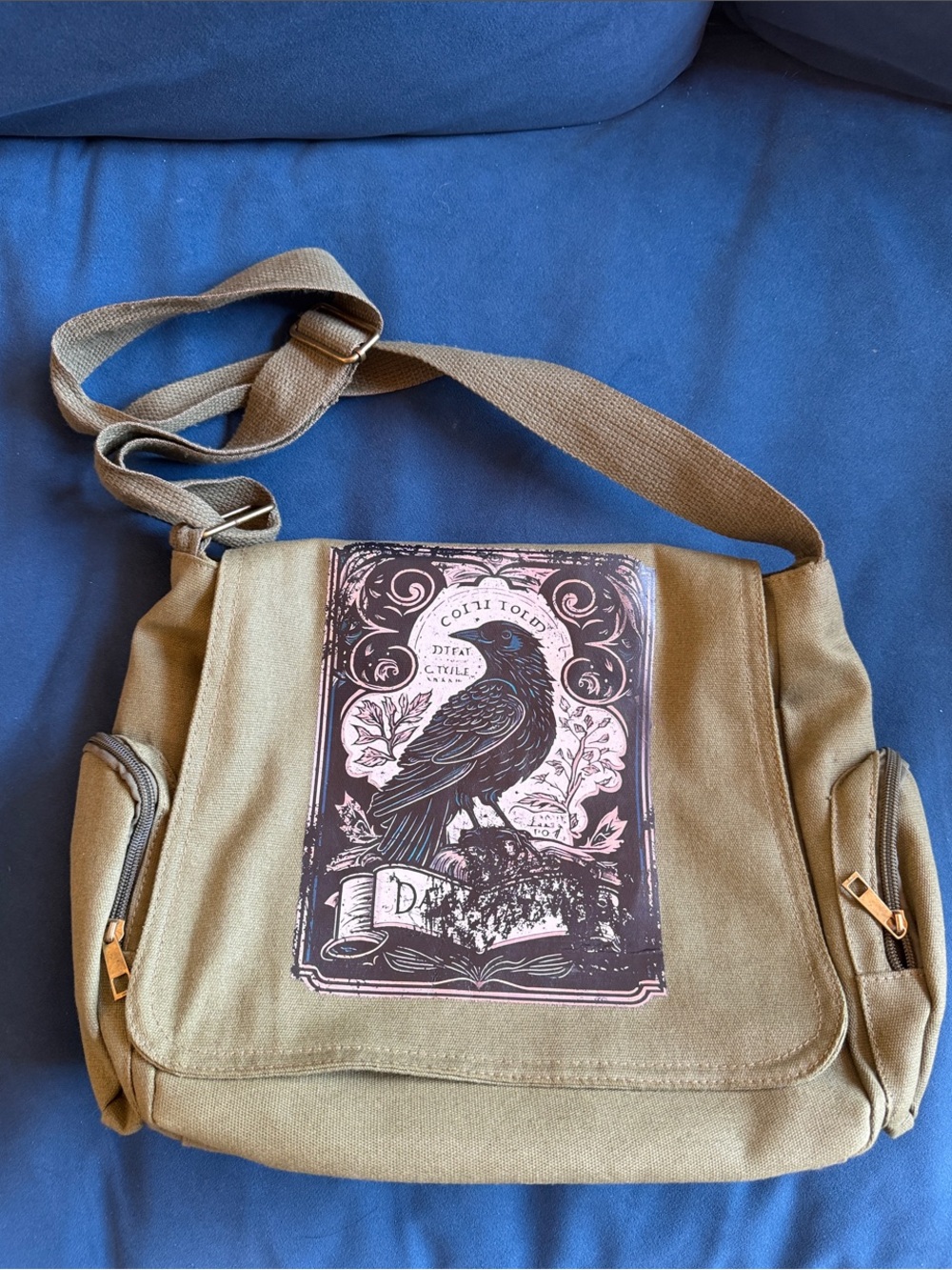 Canvas Crossbody, Messenger Bag in Olive Green with Raven Graphic